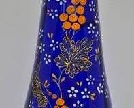 4060 - Enamel Painted Cobalt Glass Blown Vase 13.75" tall, etched on reverse "Presented to Mr & Mrs Prince 1899"