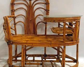 1406 - Fantastic Mid Centurty Rattan Gossip Bench round glass top 41 x 38 x 20
