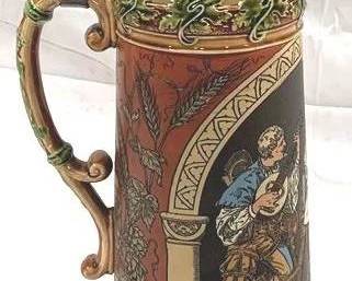 2071 - Vintage Mettlach #2692 Beer Stein w/ inlay lid 18.5" tall - made in Germany type: etched description: Tavern scene, barmaid and drinker (master to 2693)