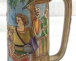 2058 - Vintage German Beer Stein w/ lid 17" tall - made in Germany decorated with a hand-painted scene of three musicians and the text translated means "Three lads went well over the Rhine."