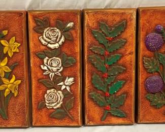 2696 - 4 Chalkware Flower Wall Art Plaques 6 x 14