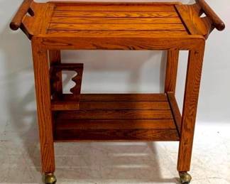 1327 - Mid Century Oak Bar Cart, Serving Tray Top 26 x 28 x 16 top tray removes for serving