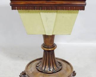 3872 - 19th Century English sewing stand carved pedestal, paw feet 29 x 21 x 16
