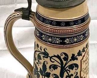 2121 - Vintage German Beer Stein w/ lid 17.5" tall - signed