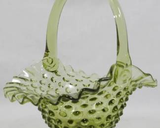 45 - Fenton Hobnail Green Glass Basket 8x7x6
