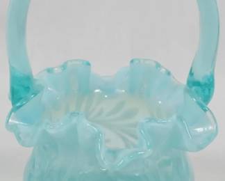 37 - Fenton Aqua Opalescent Fern Basket 6.5"