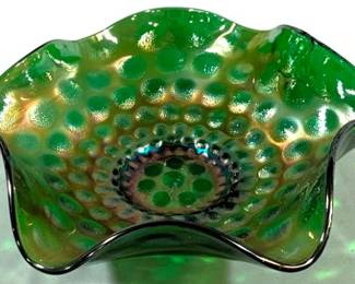 2381 - Fenton Carnival Glass Dot Green Bowl 9.5"