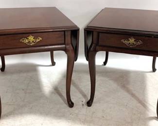 1007 - Pair Brandt Queen Anne Drop Side Tables w/ Drawer 21 x 21 x 26 (opens to 36")