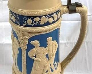 2061 - Vintage Mettlach #2219 Beer Stein w/ inlay lid 15" tall - 3.15L type: Relief Description: Dancing and musical scenes three panels