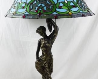 6535 - Figural Stained Glass Lamp 36x17 You are buying a used as-is electric/electronic item. We do not guarantee all components are present, and if it is not expressly stated, it is untested.