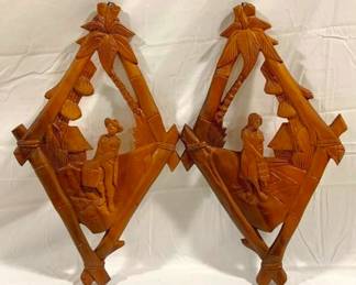2697 - Pair Carved Wood Polynesian Boy/Girl Wall Art 22 x 13