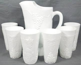 160 - Milk Glass Vintage Grape Pitcher & 6 Tumblers Pitcher 11" tall