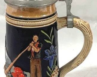 2141 - Vintage German Beer Stein w/ lid 9.5" tall