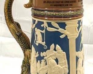 2103 - Vintage Mettlach German Beer Stein w/ inlay lid 18.5" tall - #2194 - type: relief - lid: inlay In the whale at Asclon, alligator handle (master to 2243 through 2245 and 2363)