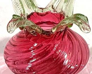 2343 - Stevens & Williams Cranberry Art Glass Vase 4" - Uranium Stem