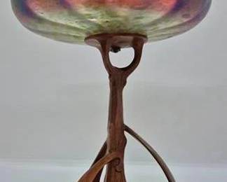4056 - Loetz Amberina Art Nuveau Bronze Base Bowl 8.5 x 6.5
