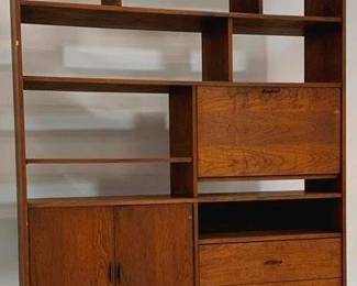 1340 - Mid-Century Walnut Bookcase Etagere Wtih drop down desk, 2 doors, 2 drawers 70 x 60 x 15