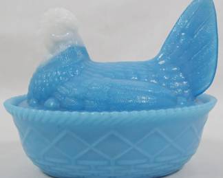 63 - Blue & White Slag Glass Hen on Nest 4.5"