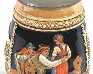 2175 - Vintage German Beer Stein w/ lid 8" tall - signed