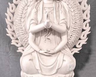 1428 - Dehua Porcelain Thousand Arms Kuan Yin Statue 26.25" tall This is the Bodhisattva of Compassion - she is known as "one who hears the prayers of the world" and embodies compassion. due to age it does have chips and repairs