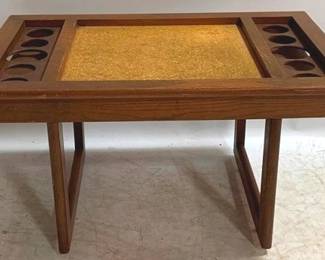 1358 - Danish Game Table w/ Pull Out Drink Holders 17 x 32 x 22, cork inset top