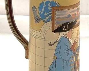2055 - Vintage Mettlach #2751 Lidded German Beer Stein 16" tall - stoneware mug, made in Germany Lid has inlay, stein is etched and shows 2 men with tri-corner hats sitting at table, signed Schlitt