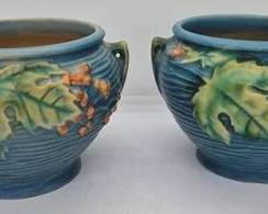 4071 - Pair Roseville Blue Bushberry 657-3 Vases Chip on bottom of each, 3" tall