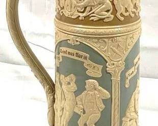 2154 - Vintage Mettlach German Beer Stein w/ inlay lid 19" tall - #2284