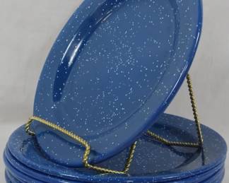 209 - 7 Blue Speckled Enamelware Dinner Plates 10.5"