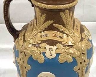 2131 - Vintage Mettlach German Beer Stein w/ inlay lid 14" tall