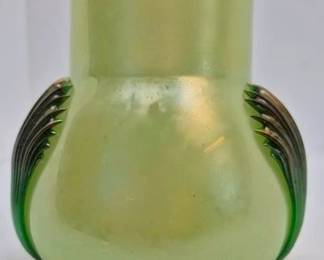 4054 - Art Nuveau Pique Fleurs Vase Att. to Loetz Green Iridescent 5 x 4.75