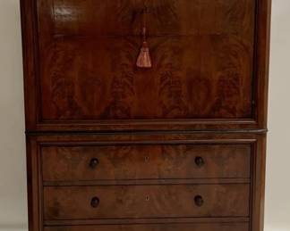 1291 - Vintage Marble Top Secretaire Abbatant Drop down door, has key 62 x 42 x 19, door does not close completely