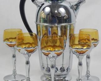 67 - Krome Kraft Farber Bros Cocktail Set 6pc Pitcher and 5 Stems 11" Cambridge Glass amber inserts
