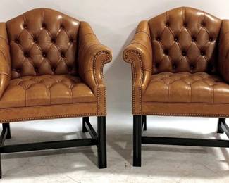1022 - Vintage Pair Tufted Leather Club Chairs nail head trim, Chippendale frame, normal wear, by Leathercraft, Inc. 33 x 22 x 23