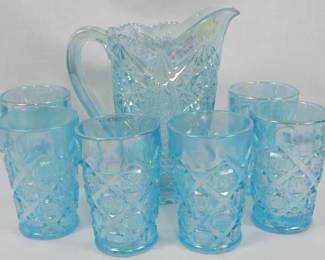 90 - Imperial Aqua Blue Pitcher & 6 Tumblers Pitcher 9" tall