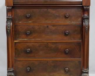 3945 - Antique Scottish chest of drawers 56 x 48 x 25 adorned with carved paws veneer loss at base
