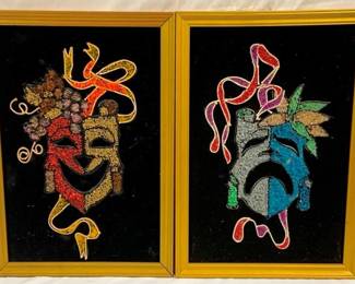 2689 - 2 Mid-Century Gravel Art Wall Hangings "Comedy Drama" - 20 x 14 (each)