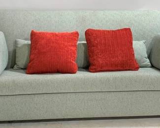 1265 - Alden Parkes Upholstered Sofa on wheels, missing one, with pillows 38 x 88 x 36