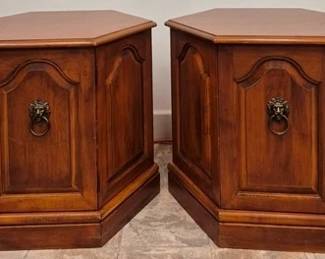3001 - Pair Mid-Century Hexagonal Drum Tables with lion head pulls 21 x 21 x 24