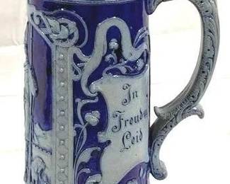 2099 - Vintage German Beer Stein w/ lid 18" tall - signed, text translates to "In joy and sorrow" and "Drink to the Axe!"