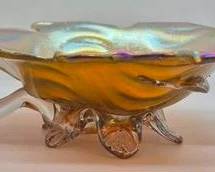4055 - Art Nuveau Applique Bowl Att. to Tiffany gorgeous iridescent, applied foot and snaked handle 2.75 x 8.75