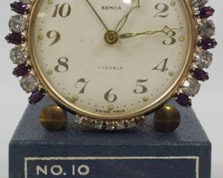 114 - Semca 7 Jewel Rhinestone Gem Clock w/ Box 3" You are buying a used as-is item. We do not guarantee all components are present, and if it is not expressly stated, it is untested.
