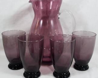 945 - Blenko Amethyst Pitcher & 4 Glasses 11.5"