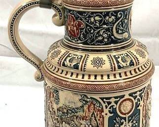 2086 - Vintage German Beer Stein w/ lid 18" tall - possibly by Marzi & Remy