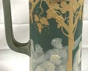 2117 - Vintage Mettlach German Stein w/ inlay lid 16.5" tall - #2688 - type: cameo - lid: ball on inlay - Three panels, bowling and tavern scenes