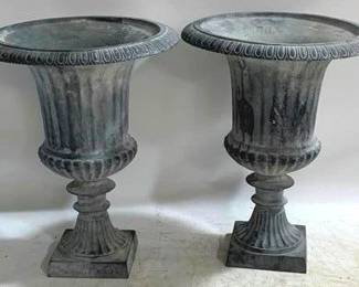 1371 - Matching Pair Cast Iron Urns 24 x 19