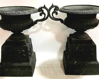 1372 - Pair Cast Iron Urns on Pedestal w/ Handles 29 x 27