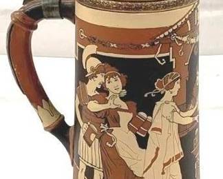 2091 - Vintage Mettlach 3L German Beer Stein w/ lid 16" tall - #2193 - features soldiers and maidens at tavern, Etruscan style, signed Schlitt type: etched - lid: pewter