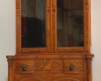 1292 - Victorian Walnut 2 Part Bookcase tear drop pulls, glass shelves, has key 74 x 38 x 20
