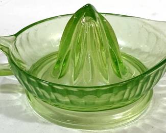 2395 - Vintage Depression Green Juicer, uranium glass 9 x 6 x 2 spout has rough edge